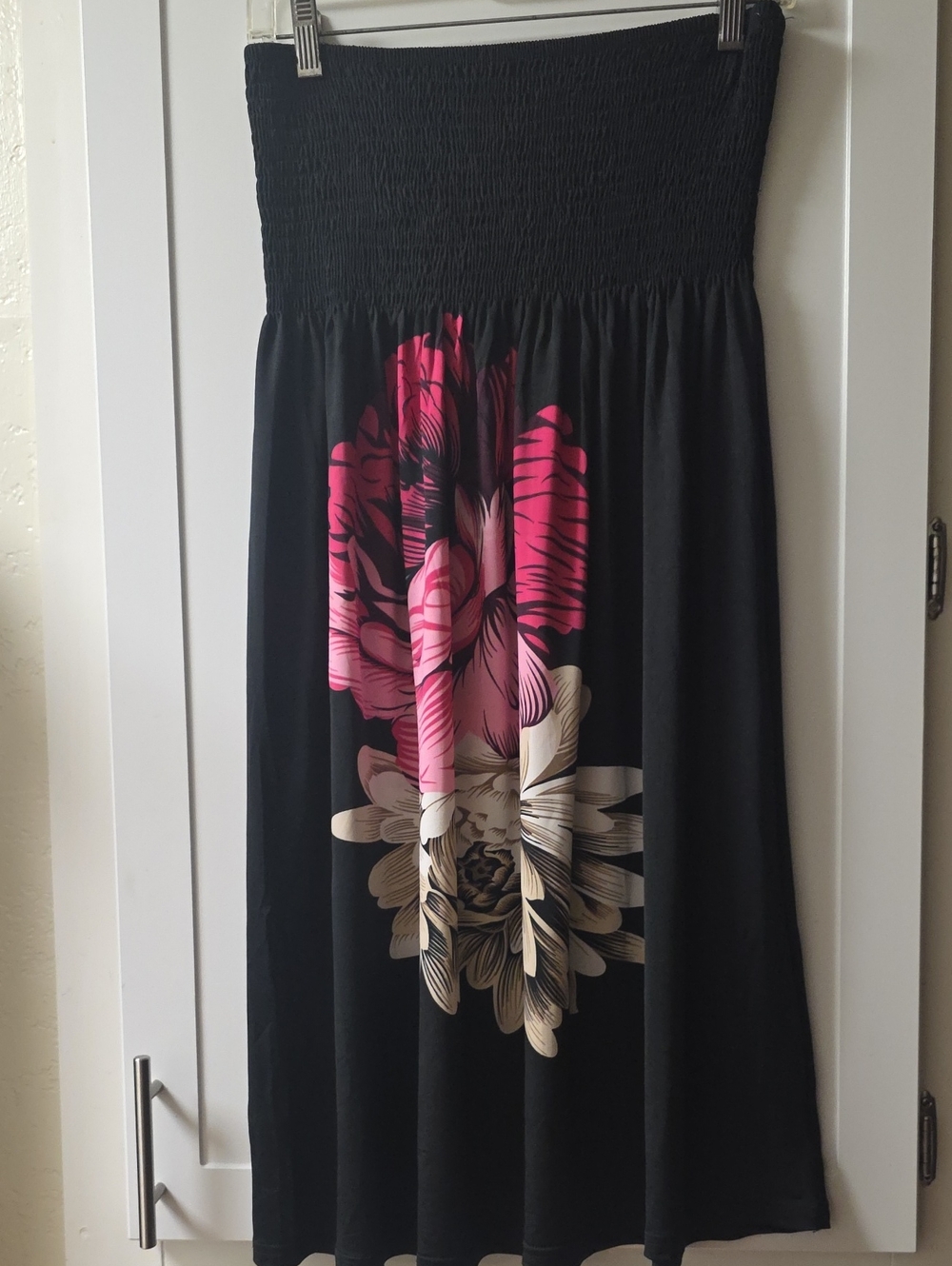 Cristinalove Black Strapless Floral Dress with Pink and Cream Print Size L